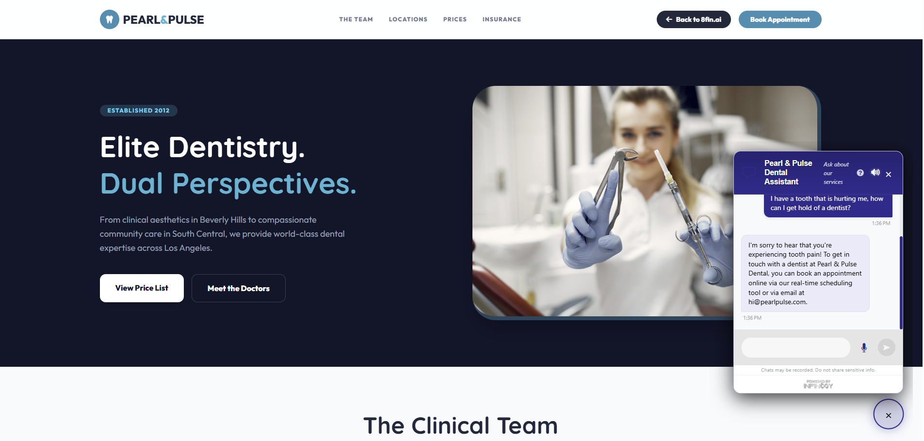 The Infin8y Chatbot in a Dental Website setting